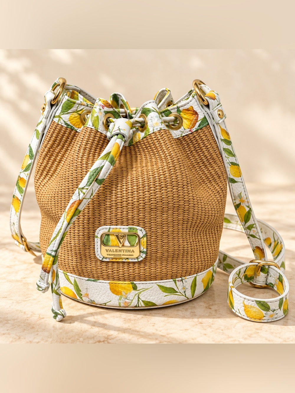 Valentina Raffia Lemon Print Italian Leather Trim Bucket Crossbody bag